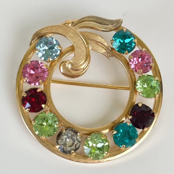 Vintage Jewelry - Vintage Brooch Van Dell Gold Filled Crystal Circle Wreath 50s Jewelry
